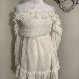 Off-Shoulder White Swiss Dot Ruffle Dress